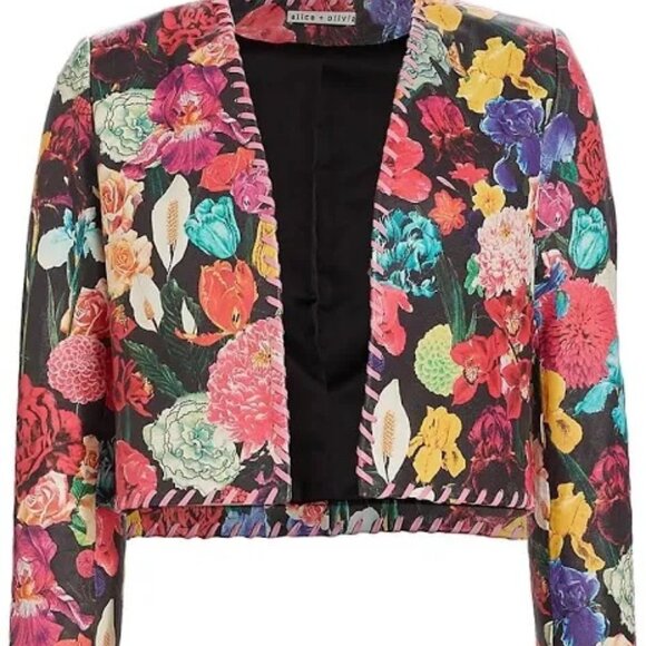 alice + olivia Zeta Whip Stitch Collar Cropped Leather Box Jacket - Picture 2 of 8